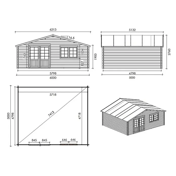 Gartenhaus, Gerätehaus 30m2 - 6x5m - 40mm -  - Hölzernes Gartenhaus mit detaillierten Architekturplänen, inklusive Front-, Seiten- und Draufsichten mit Maßen sowie einer 3D-Ansicht.