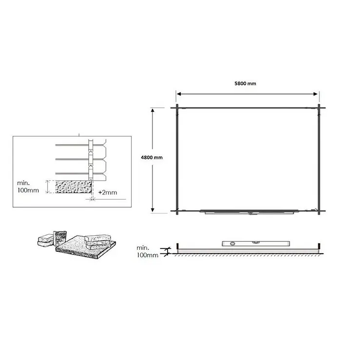 Gartenhaus, Gerätehaus 30m2 - 6x5m - 40mm -  - Technische Zeichnungen für ein Gebäude-Fundament, mit einer 5800x4800 mm Basis, min. 100mm Tiefe und Nivellierungsanforderungen.