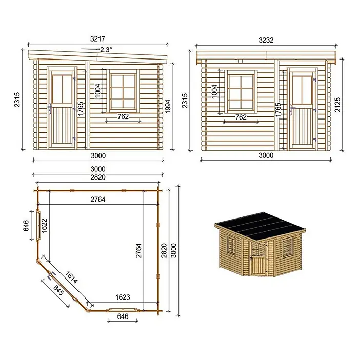 Gartenhaus, Gerätehaus 8m2 - 3x3m - 28mm -  - Architekturzeichnungen und 3D-Ansicht eines Gartenhauses aus Holz mit schwarzem Dach, Tür, zwei Fenstern und detaillierten Maßen.