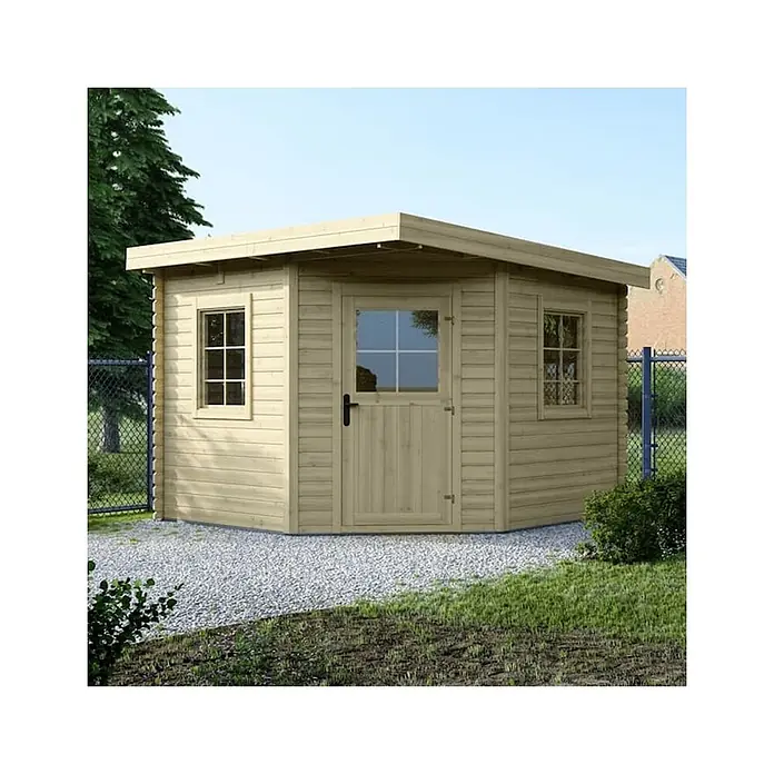 Gartenhaus, Gerätehaus 8m2 - 3x3m - 28mm -  - Helles Holzgartenhaus mit einer Tür und mehreren Fenstern, auf einem Kiesbeet in sonniger Außenumgebung.