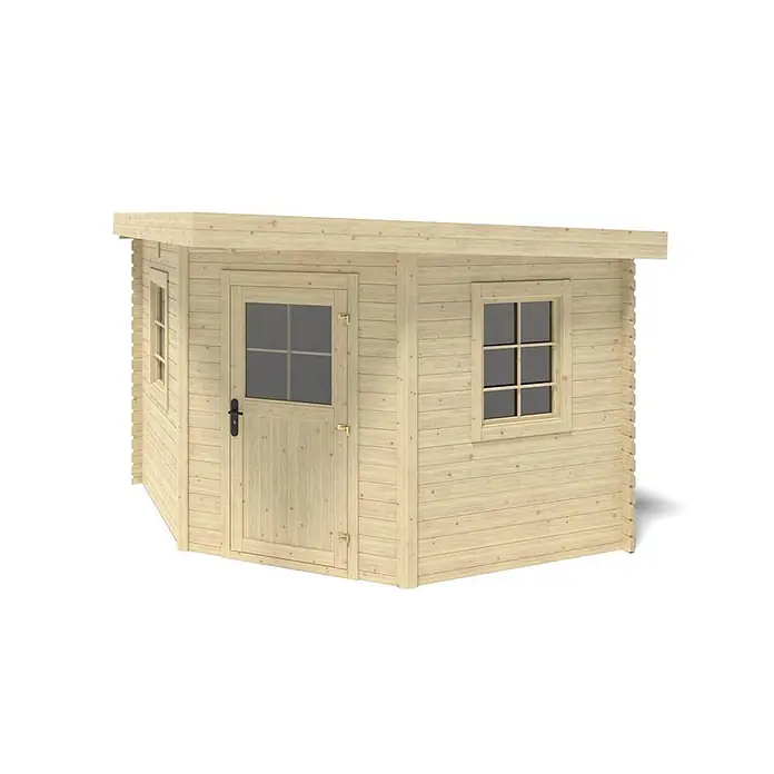 Gartenhaus, Gerätehaus 8m2 - 3x3m - 28mm -  - Eck-Gartenhaus aus hellem Naturholz mit Flachdach, Tür und Fenstern.