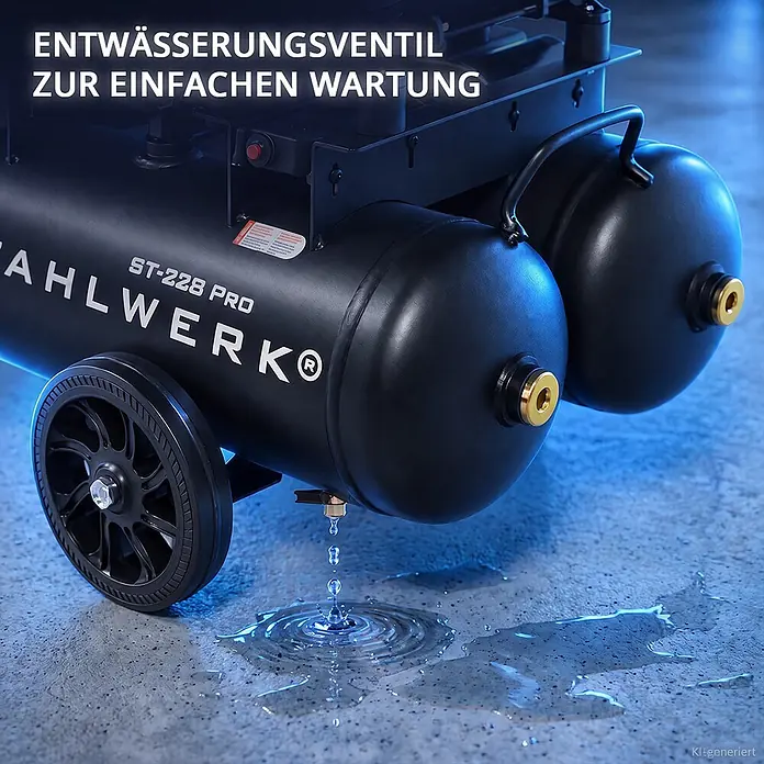 Kompressor 8 bar 22 L 3,54 PS 2,6 kW 410 l/min Druckluftkompressor -  - Schwarzer Luftkompressor mit Wasser, das aus einem Ventil für einfache Wartung abläuft.