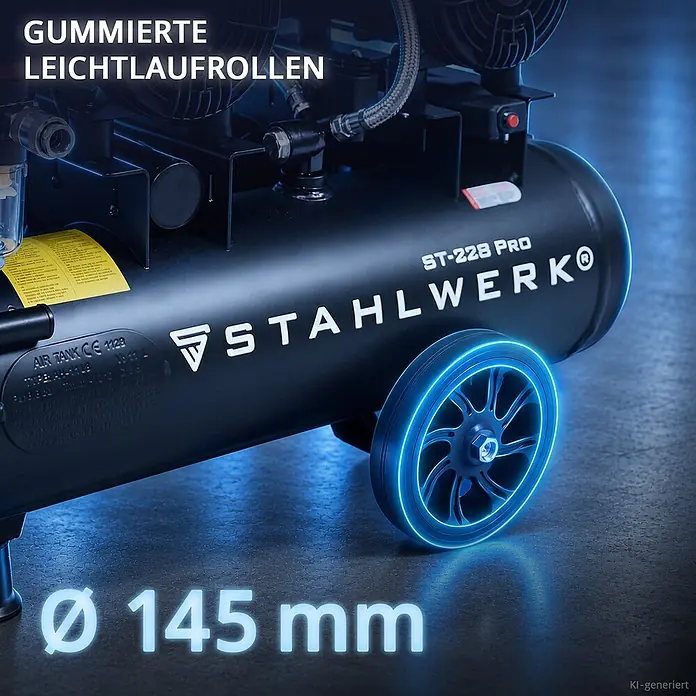 Kompressor 8 bar 22 L 3,54 PS 2,6 kW 410 l/min Druckluftkompressor -  - Schwarzes, gummiertes Kompressorrad mit blau leuchtendem Rand, 145 mm Durchmesser, leichtlaufend.