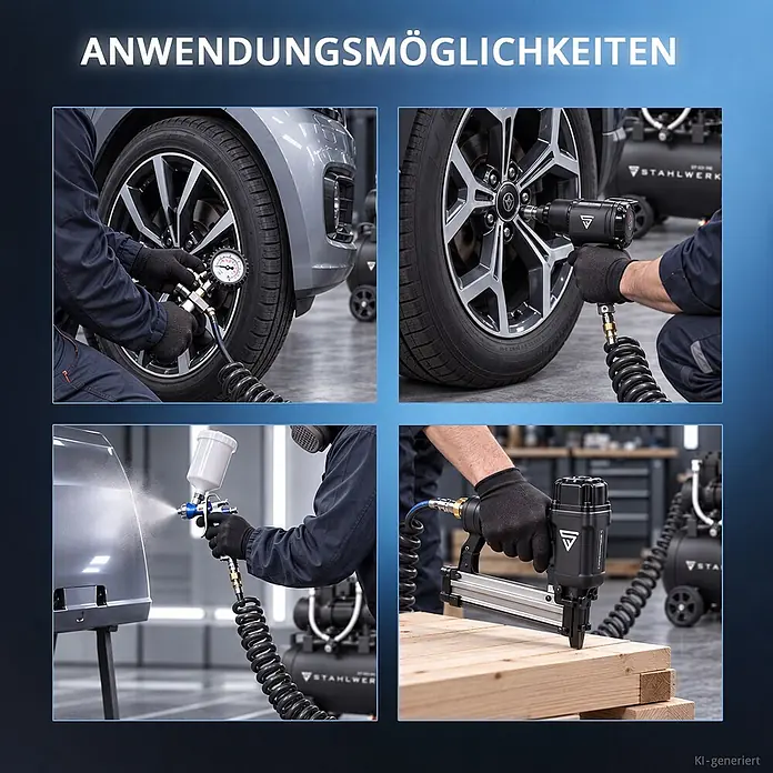 Kompressor 10 bar 280 L 11,83 PS 8,70 kW 1500 l/min Druckluftkompressor -  - Vier Bilder zeigen pneumatische Werkzeuge in Aktion: Reifen aufpumpen, Schlagschrauber, Lackierpistole, Nagler für Holz.