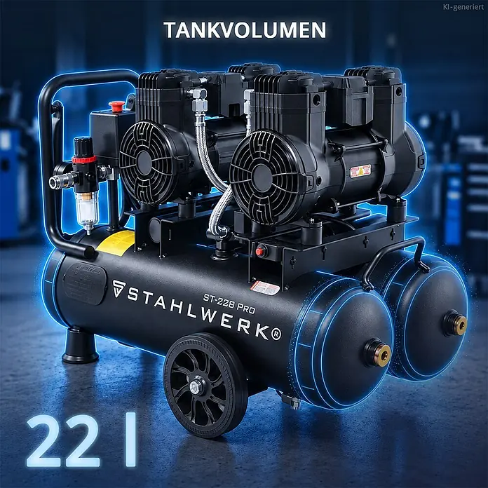 Kompressor 8 bar 22 L 3,54 PS 2,6 kW 410 l/min Druckluftkompressor -  - Schwarz glänzender STAHLWERK ST-228 PRO Kompressor mit 22 Liter Tankvolumen, Rädern und Griff.