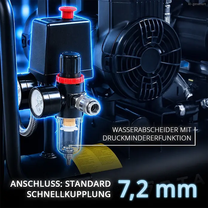 Kompressor 8 bar 22 L 3,54 PS 2,6 kW 410 l/min Druckluftkompressor -  - Schwarzer Luftkompressor-Bauteil mit Wasserabscheider, Druckminderer, Manometer und 7,2 mm Standard-Schnellkupplung.