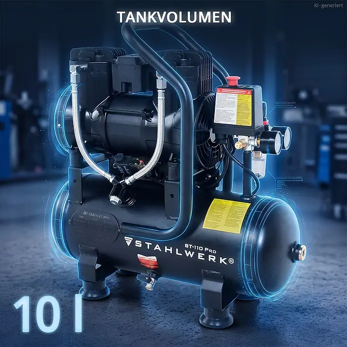 Kompressor 8 bar 10 l 1,97 PS 1,45 kW 250 l/min Druckluftkompressor -  - Schwarzer STAHLWERK ST-110 PRO Kompressor mit 10-Liter-Tank, Schläuchen, Manometern und Warnschild.