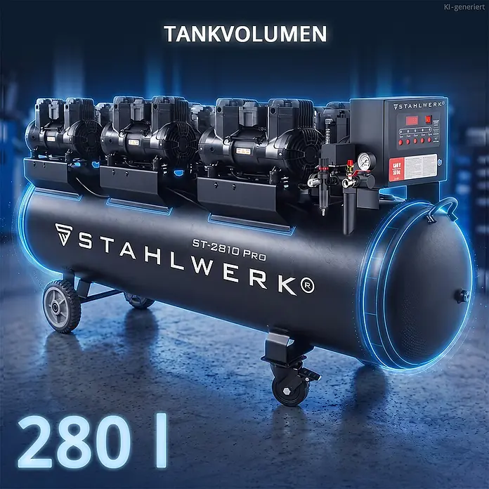 Kompressor 10 bar 280 L 11,83 PS 8,70 kW 1500 l/min Druckluftkompressor -  - Schwarzer STAHLWERK Luftkompressor mit 280 Liter Tankvolumen und Rädern.