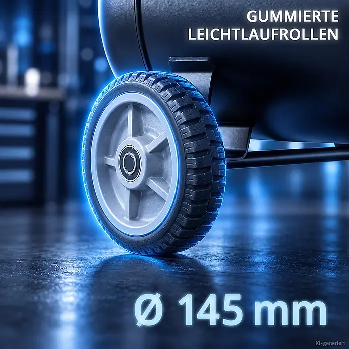 Kompressor 10 bar 280 L 11,83 PS 8,70 kW 1500 l/min Druckluftkompressor -  - Gummierte Leichtlaufrolle, 145 mm Durchmesser, blau leuchtend in industrieller Umgebung.