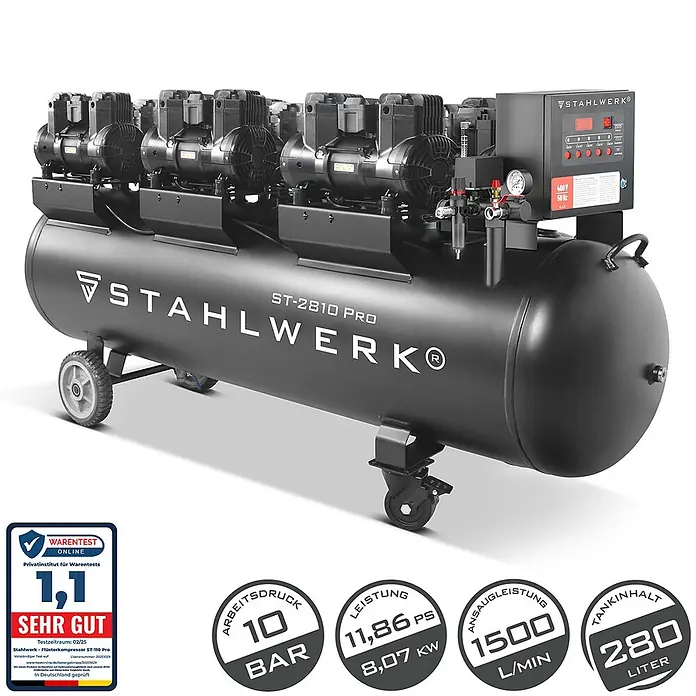 Kompressor 10 bar 280 L 11,83 PS 8,70 kW 1500 l/min Druckluftkompressor -  - Großer schwarzer STAHLWERK ST-2810 PRO Kompressor mit mehreren Motoren, Bedienfeld und Rädern.