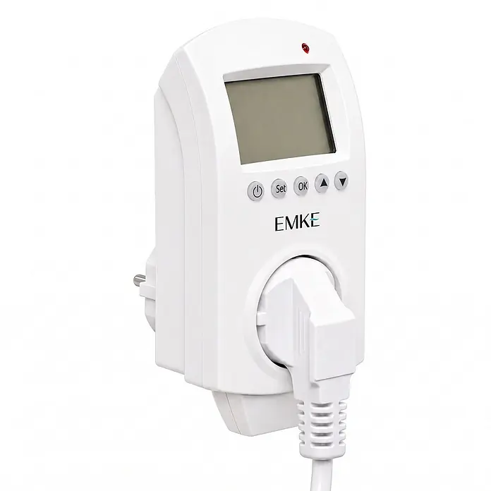 Wochen-Zeitschaltuhr RTH3, WiFi, 230 V, 16 A, Smart Life/Tuya -  - Weißes digitales Steckdosen-Thermostat mit Display, Bedientasten und integriertem Schuko-Stecker.