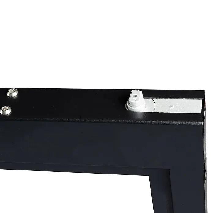 Glastür Loft Komplettset Doppeltür 1688x2115 Klarglas -  - Nahaufnahme eines schwarzen Metallrahmens mit silbernem Verstellmechanismus und zwei Schrauben.