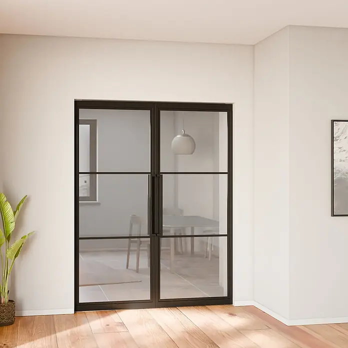 Glastür Loft Komplettset Doppeltür 1688x2115 Klarglas -  - Innenliegende Glastüren mit schwarzem Rahmen als Raumteiler, der Licht durchlässt.