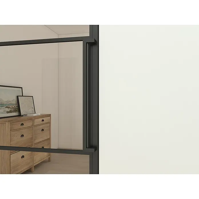 Glastür Loft Komplettset Doppeltür 1688x2115 Klarglas -  - Schwarzer Metallrahmen einer modernen Glasabtrennung, die eine Kommode im Nebenraum zeigt.