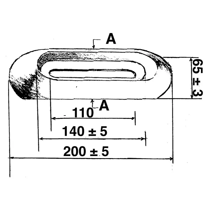 Talamex Rumpfanode - Magnesium, 400 g, Süß- & Brackwasser, 200 x 65 x 35 mm, Schrauben - Technische Zeichnung eines länglichen Bauteils mit abgerundeten Enden und Maßangaben zur detaillierten Darstellung.