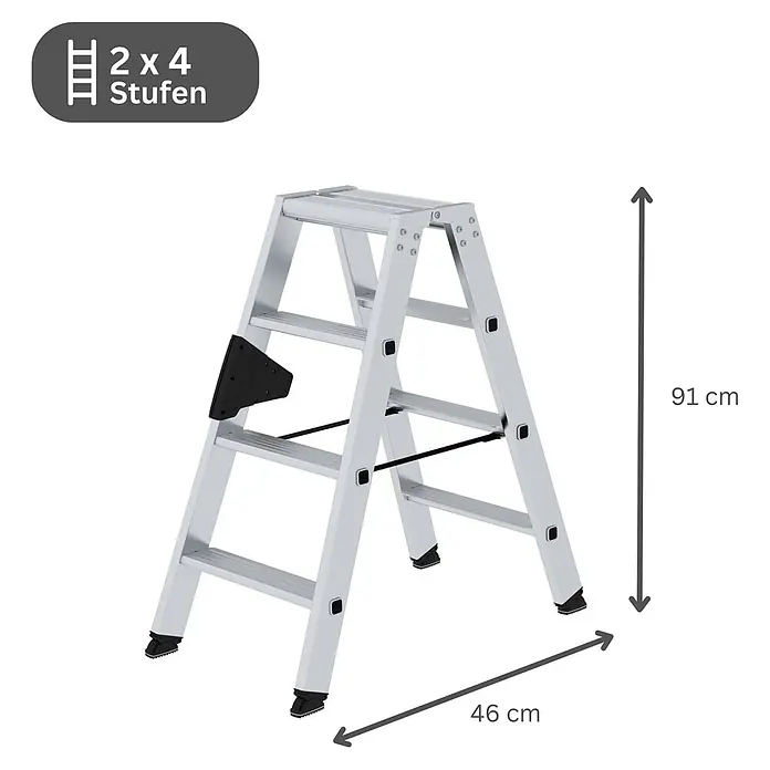 Stufen-Stehleiter beidseitig begehbar 2x4 Stufen -  - Silberne doppelseitige Aluminium-Trittleiter mit 4 Stufen, 91 cm hoch und 46 cm breit.