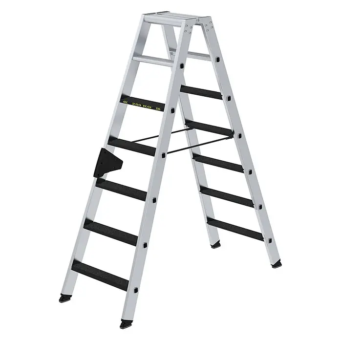 Stufen-Stehleiter 250 kg beidseitig begehbar mit clip-step R13 2x7 Stufen -  - Silberne Aluminium-A-Leiter mit schwarzen rutschfesten Stufen und 250 kg Tragkraft.