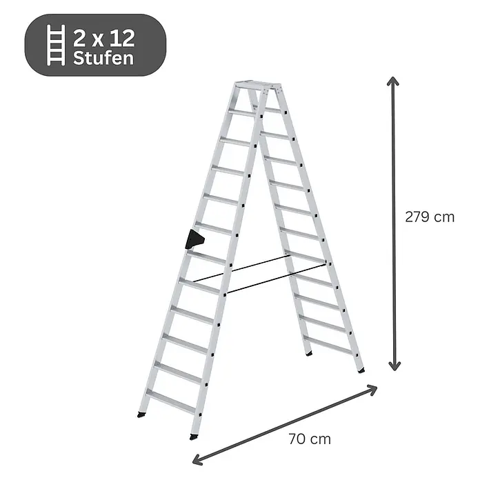 Stufen-Stehleiter beidseitig begehbar 2x12 Stufen -  - Silberne Aluminium-Klappleiter mit 2x12 Stufen, 279 cm hoch und 70 cm breit.