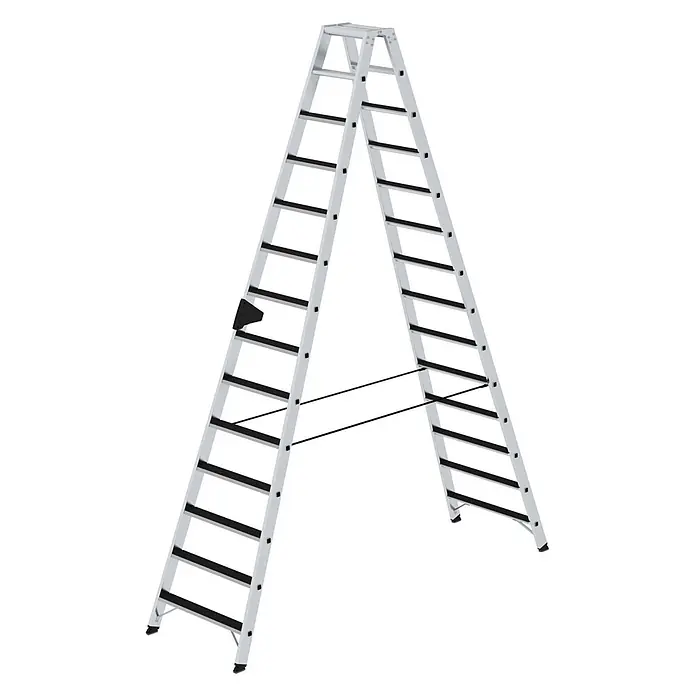 Stufen-Stehleiter beidseitig begehbar mit clip-step 2x14 Stufen -  - Silberne Aluminium A-Rahmen-Stufenleiter mit schwarzen rutschfesten Sprossen und Sicherheitsstreben.