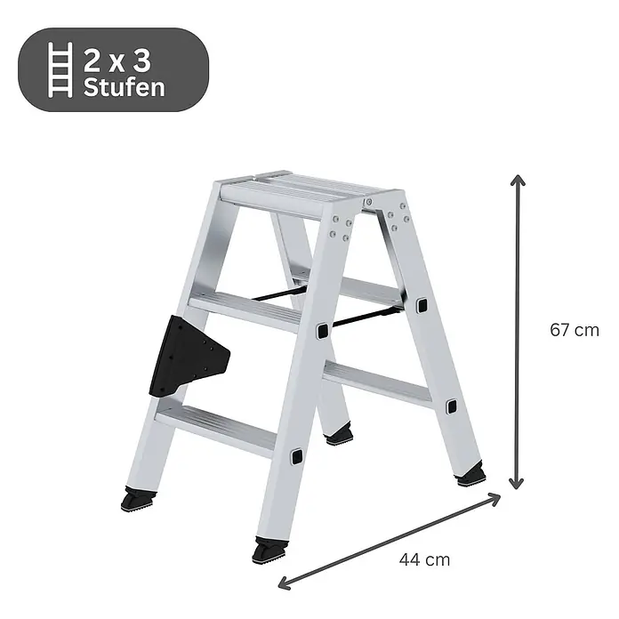 Stufen-Stehleiter beidseitig begehbar 2x3 Stufen -  - Silberne Aluminium-Doppelleiter mit 2x3 Stufen, 67 cm hoch und 44 cm breit.