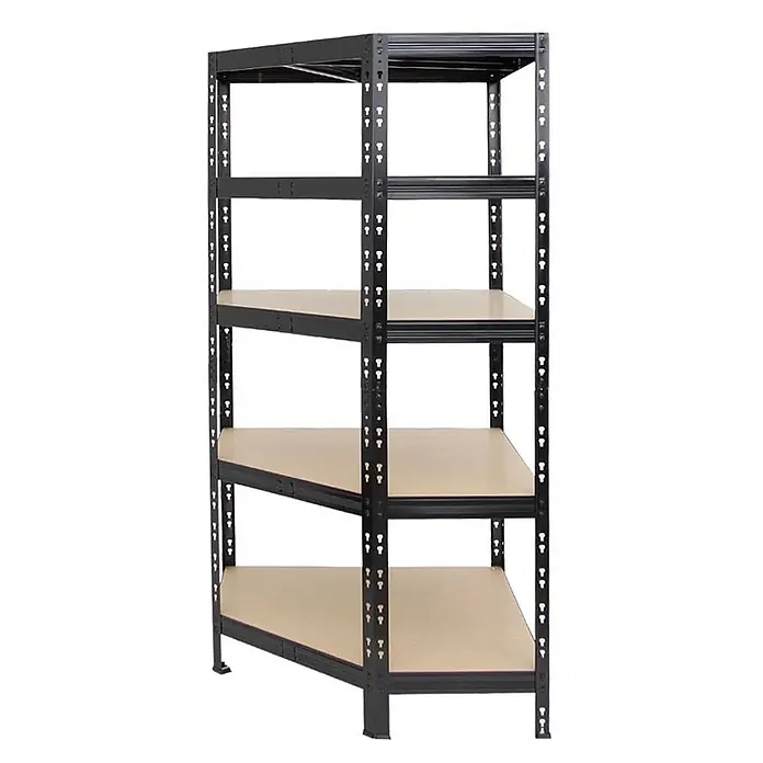 Set Deal Tiger 1x Eckregal + 2x Schwerlastregal 180x90x45cm 265 kg Schwarz -  - Schwarzes Eckregal aus Metall mit fünf hellen Holzablagen.