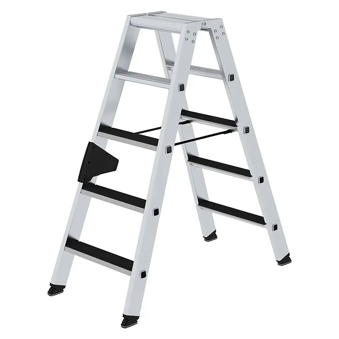 Stufen-Stehleiter beidseitig begehbar mit clip-step 2x5 Stufen -  - Faltbare silberne Aluminium-Klappleiter mit schwarzen Anti-Rutsch-Stufen und Füßen.