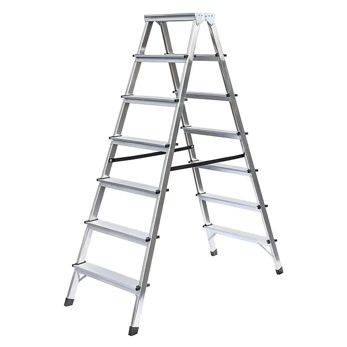 Haushaltsleiter beidseitig begehbar 2x7 Stufen -  - Silberne Aluminium-Klappleiter mit mehreren breiten Stufen.
