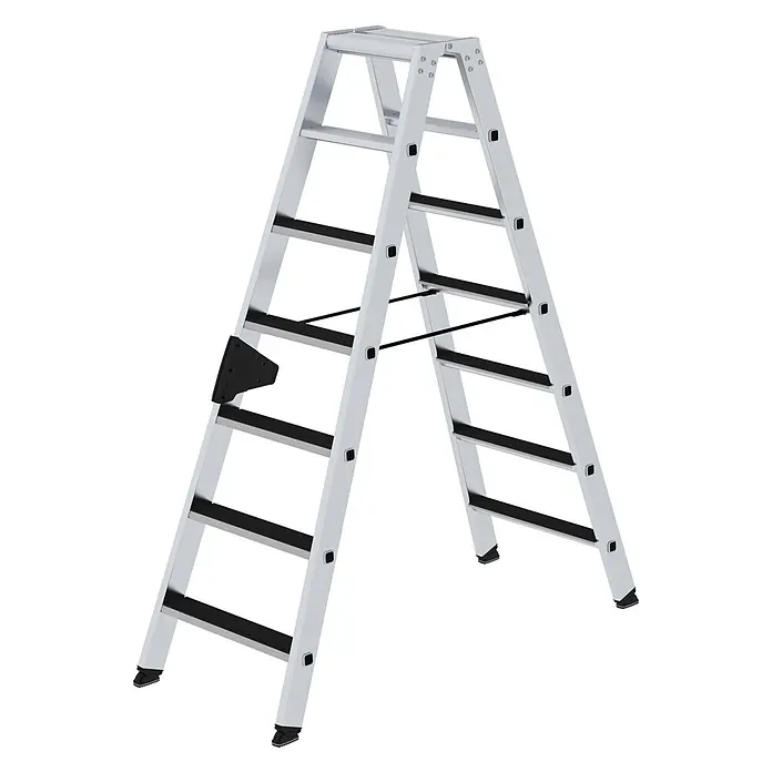 Stufen-Stehleiter beidseitig begehbar mit clip-step 2x7 Stufen -  - Silberne Aluminium-Klappleiter mit schwarzen, rutschfesten Trittflächen.