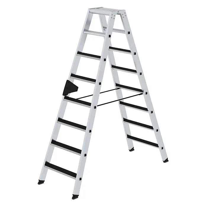 Stufen-Stehleiter beidseitig begehbar mit clip-step 2x8 Stufen -  - Silberne Aluminium-Klappleiter mit schwarzen rutschfesten Stufen und Füßen.