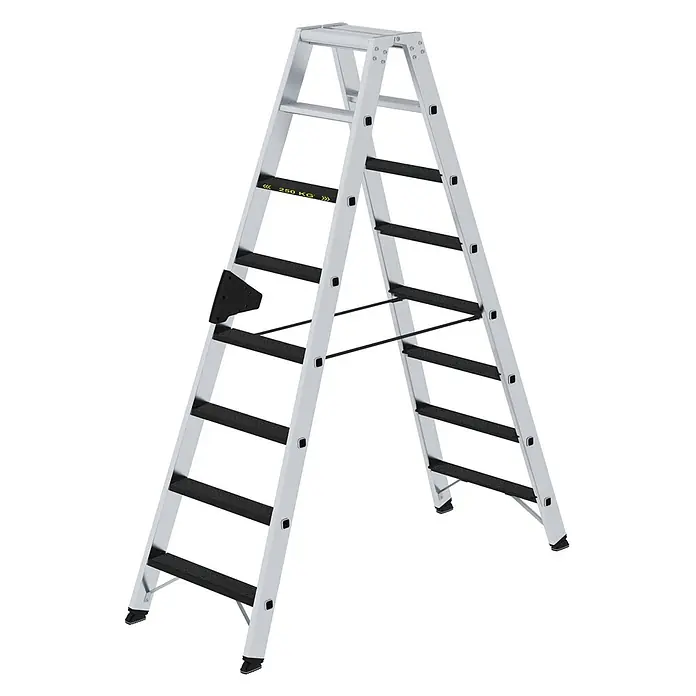 Stufen-Stehleiter 250 kg beidseitig begehbar mit clip-step R13 2x8 Stufen -  - Silberne Aluminium-Klappleiter mit schwarzen Anti-Rutsch-Stufen und 250 kg Tragfähigkeit.