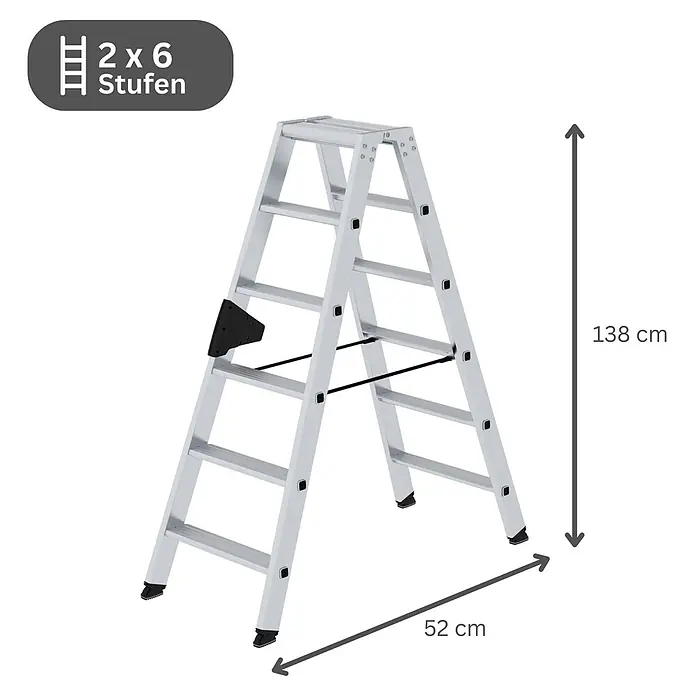 Stufen-Stehleiter beidseitig begehbar 2x6 Stufen -  - Silberne Aluminium-Klappleiter mit 2x6 Stufen, 138 cm hoch und 52 cm breit.