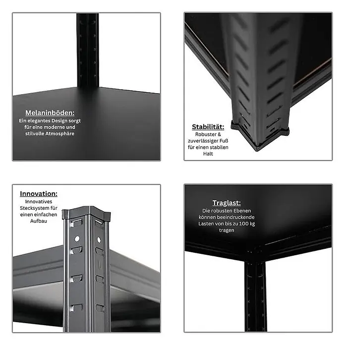 All Black Series Schwerlastregal Ragnar 180x45x45cm 100kg Matt Schwarz -  - Details eines schwarzen modularen Regals: robuster Rahmen, Melaminböden, einfaches Stecksystem und 100 kg Traglast.