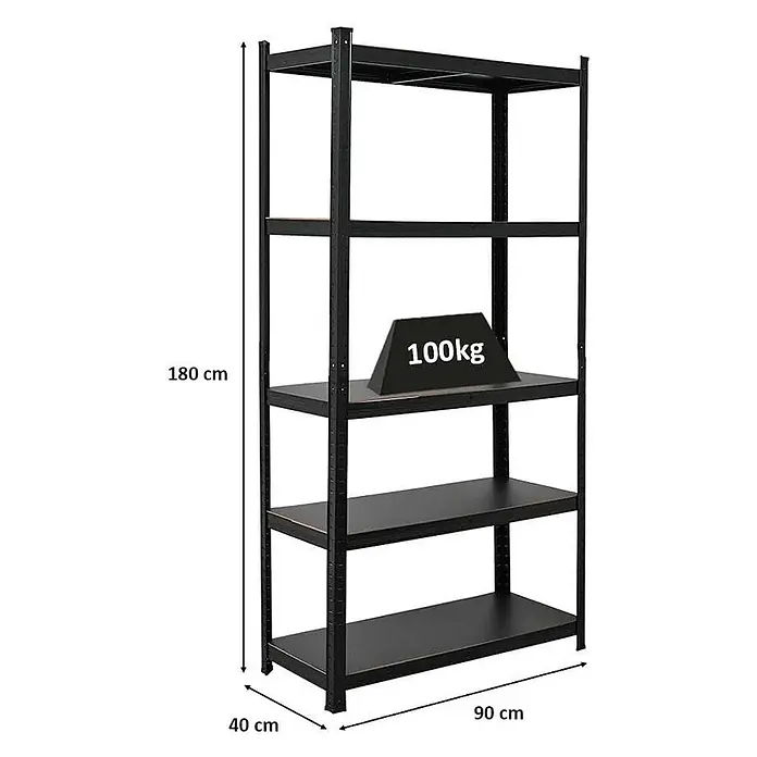 All Black Series Schwerlastregal Ragnar 180x90x40cm 100kg Matt Schwarz -  - Schwarzes Metallregal mit 5 Ablagen, 180x90x40cm, 100kg Traglast pro Ablage.