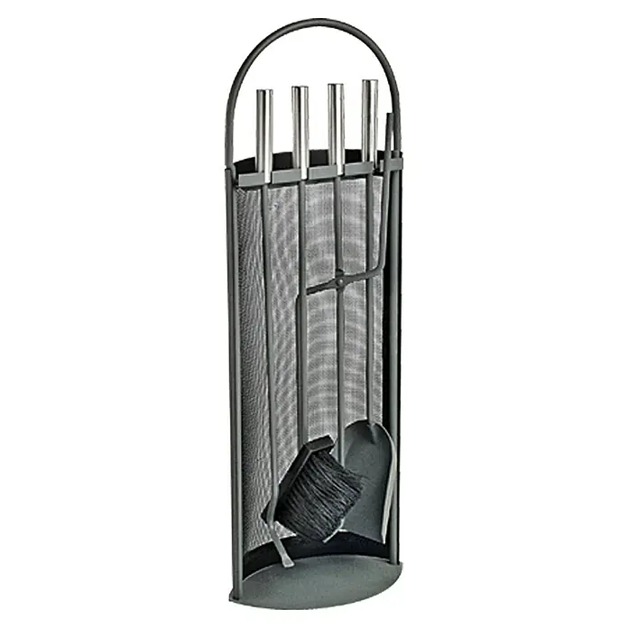 Lienbacher Kamingarnitur - 4 -tlg., Anthrazit, Höhe: 66 cm - Ein Kaminbesteck aus Metall mit Schaufel, Besen, Schürhaken und Zange, aufbewahrt in einem Halter aus Metallgeflecht.