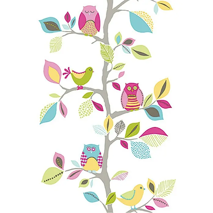 A.S. Création Designpanel pop.up - Eulen, Bunt, 35 cm x 2,5 m - Eine dekorative Baum Tapete mit bunten Eulen und Vögeln, perfekt für Kinderzimmer. Sie zaubert eine fröhliche und verspielte Atmosphäre.