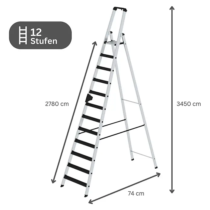 Stufen-Stehleiter einseitig begehbar mit clip-step relax 12 Stufen -  - Silberne Aluminium-Stehleiter mit 12 schwarzen Stufen, 3450 cm Höhe und 74 cm Breite.
