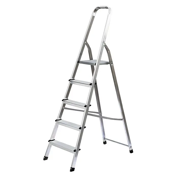 Haushaltsleiter einseitig begehbar 5 Stufen -  - Silberne Aluminium-Klappleiter mit fünf rutschfesten Stufen und einem oberen Griff.