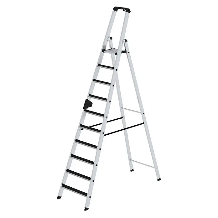 Stufen-Stehleiter einseitig begehbar mit clip-step 10 Stufen -  - Silberne Aluminium-Klappleiter mit schwarzen rutschfesten Stufen und Griff, für Stabilität und Sicherheit.