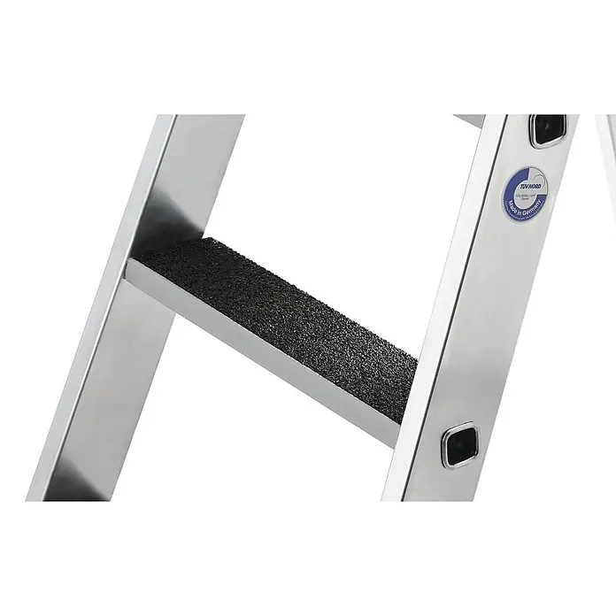 Stufen-Stehleiter beidseitig begehbar mit clip-step R13 2x4 Stufen -  - Silberne Aluminium-Leiterstufe mit schwarzer Antirutschfläche und TÜV NORD Zertifizierung.