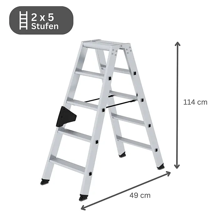 Stufen-Stehleiter beidseitig begehbar 2x5 Stufen -  - Silberne Aluminium-Stehleiter mit 2x5 Stufen, 114 cm hoch und 49 cm breit.