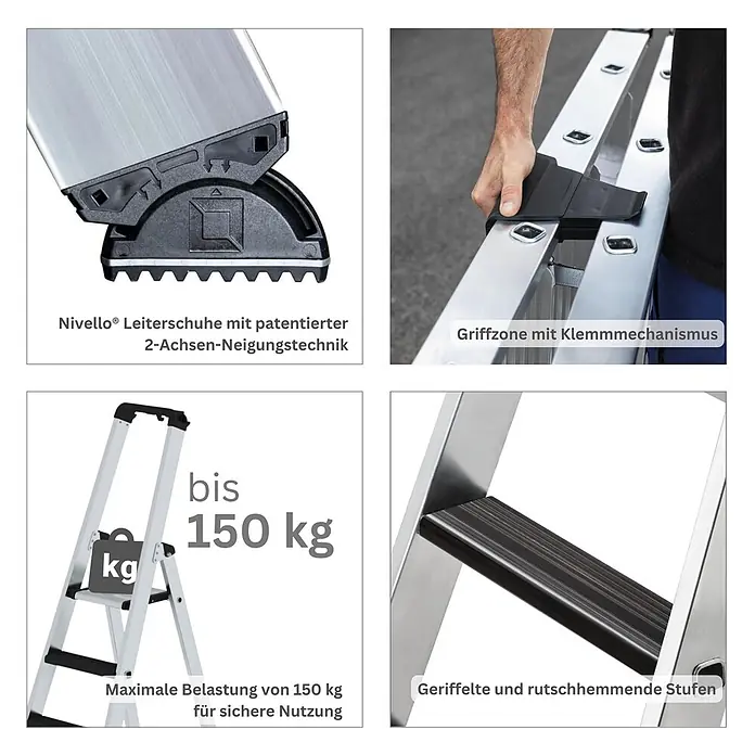 Stufen-Stehleiter einseitig begehbar mit clip-step relax 3 Stufen -  - Leiter mit patentierten Nivello-Füßen, Klemmgriffzone, 150 kg Tragkraft und geriffelten Anti-Rutsch-Stufen.