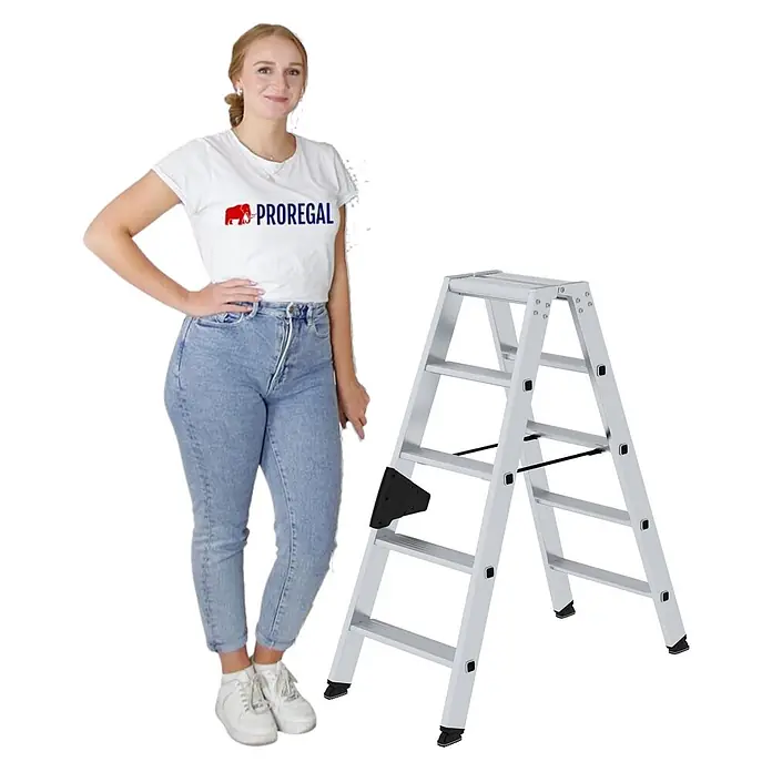 Stufen-Stehleiter beidseitig begehbar 2x5 Stufen -  - Silberfarbene Aluminium-Klappleiter.