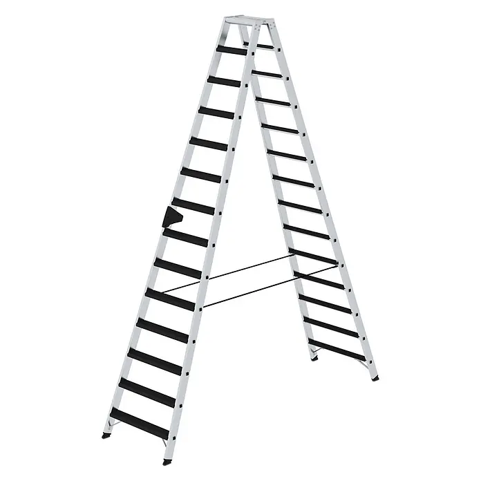 Stufen-Stehleiter beidseitig begehbar mit clip-step relax 2x14 Stufen -  - Eine silberne A-Leiter mit schwarzen Sprossen und Sicherheitsspreizsicherung.