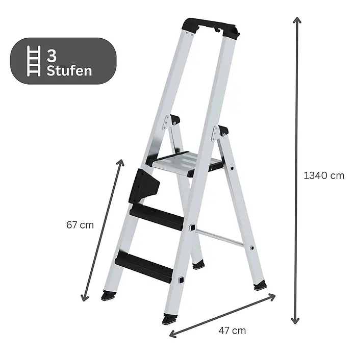 Stufen-Stehleiter einseitig begehbar mit clip-step relax 3 Stufen -  - Silberne Aluminium-3-Stufen-Leiter mit schwarzen, rutschfesten Tritten und Haltegriff.