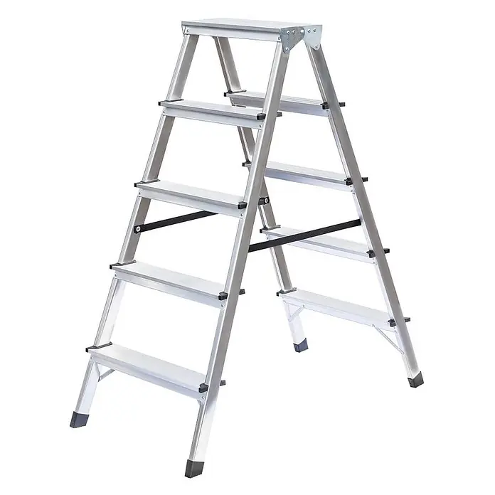 Haushaltsleiter beidseitig begehbar 2x5 Stufen -  - Klappbare Stehleiter aus silbernem Aluminium mit 5 Stufen.