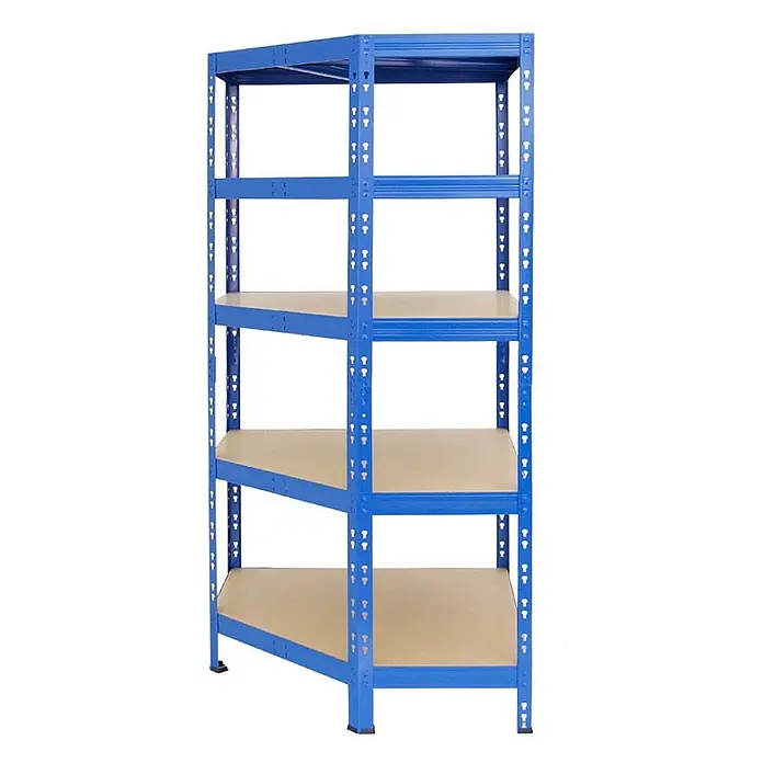 Set Deal Tiger 1x Eckregal + 2x Schwerlastregal 180x90x45cm 265 kg Blau -  - Fünfstufiges blaues Metallregal mit hellbraunen Holzablagen.