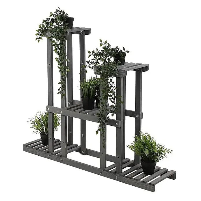 Blumenständer FLORANGE | HxBxT 116x95x25cm | 5 Ablagen | Kieferholz | Grau -  - Dunkelgraues Holz-Pflanzenregal mit mehreren Ebenen und künstlichen Pflanzen.