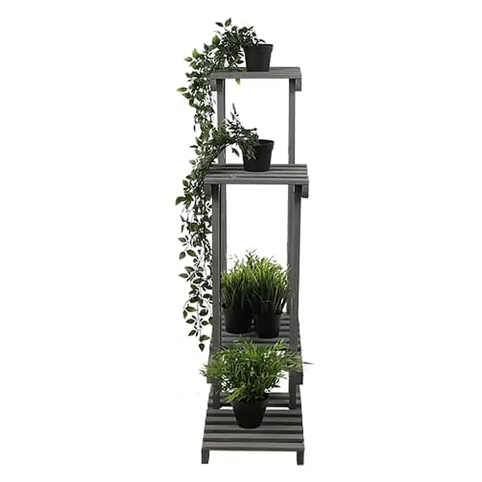Blumenständer FLORANGE | HxBxT 116x95x25cm | 5 Ablagen | Kieferholz | Grau -  - Graues, mehrstufiges Pflanzenregal aus Latten mit verschiedenen grünen Topfpflanzen auf vier Ebenen.