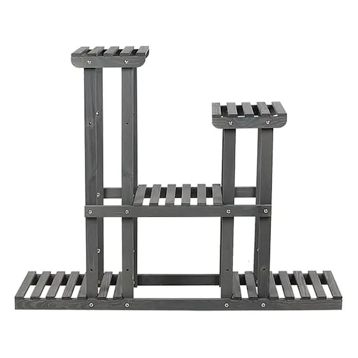 Blumenständer FLORANGE | HxBxT 116x95x25cm | 5 Ablagen | Kieferholz | Grau -  - Dunkelgraues Pflanzenregal aus Holzlatten mit mehreren Ebenen für Blumentöpfe.