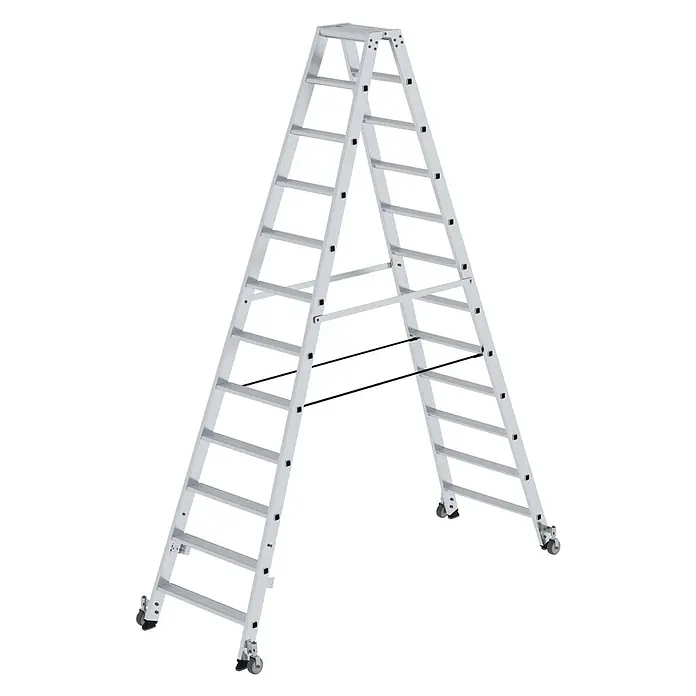 Stufen-Stehleiter beidseitig begehbar mit Rollen 2x12 Stufen -  - Silberne Aluminium-Mehrzweckleiter mit A-Rahmen, ausziehbaren Abschnitten und Rollen für leichte Manövrierbarkeit.